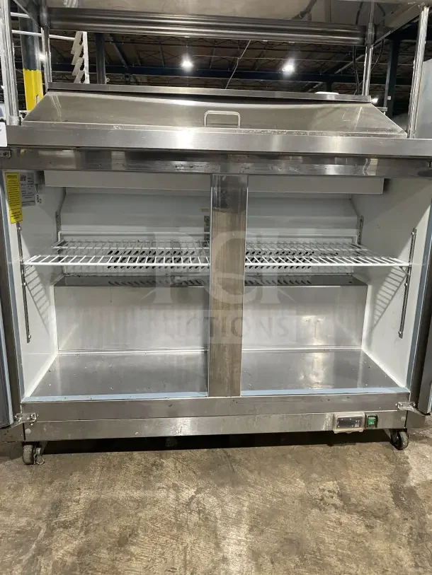 Entree S48 2 Door Refrigerated Prep Table, stainless steel, bain-marie style, with double overhead shelf, on casters.