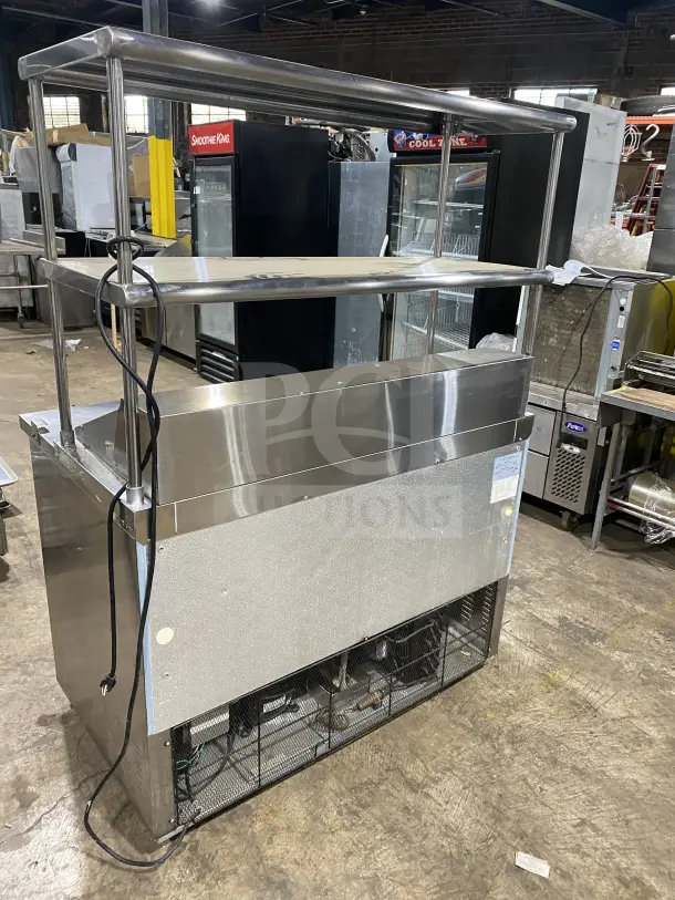 Entree S48 commercial stainless steel bain marie prep table with double overhead shelf, on casters, 115V, excellent condition.