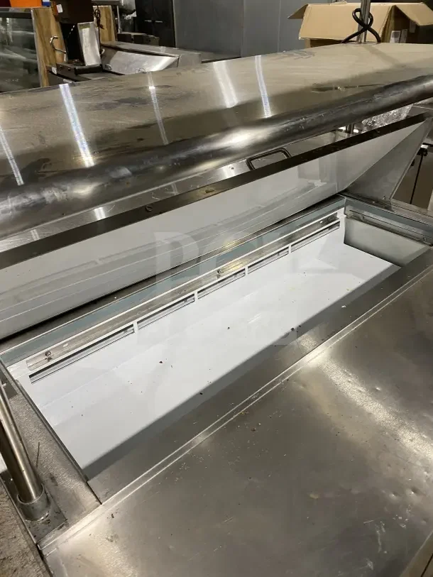 Entree S48 stainless steel 2-door refrigerated prep table with overhead shelves, shown open. On casters, 115V, 1 phase.