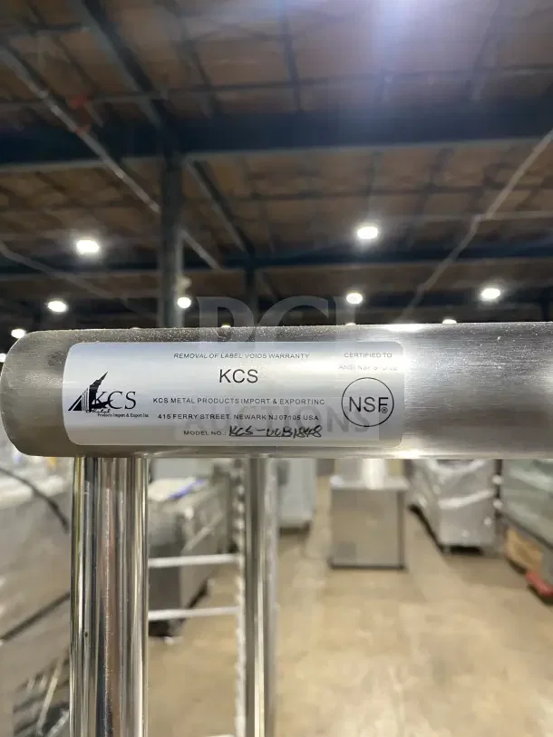 Entree S48 stainless steel prep table with double overhead shelf, NSF certified, on casters, Model No. KCS-LUB1848.