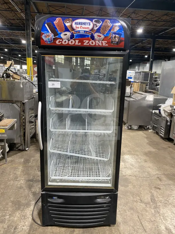 Minus Forty Hershey's Style Commercial Glass Door Freezer, Model 22USGFX1HR, with poly coated wired rack, 115V, single phase.