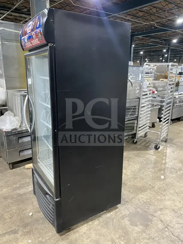 Minus Forty Hershey's style commercial freezer, Model 22USGFX1HR, with single glass door and poly coated wire rack.