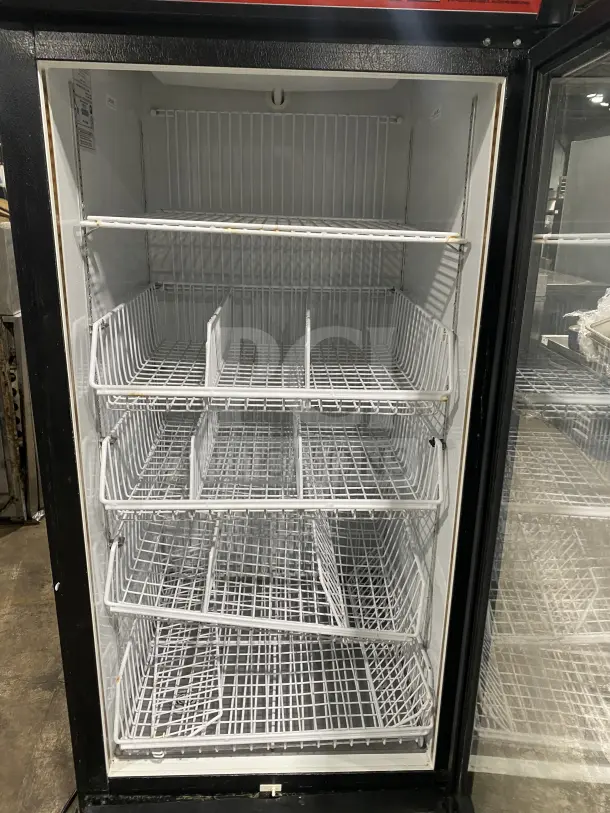 Minus Forty Hershey's style glass door freezer, model 22USGFX1HR, with poly coated wire rack, 115V, single phase.
