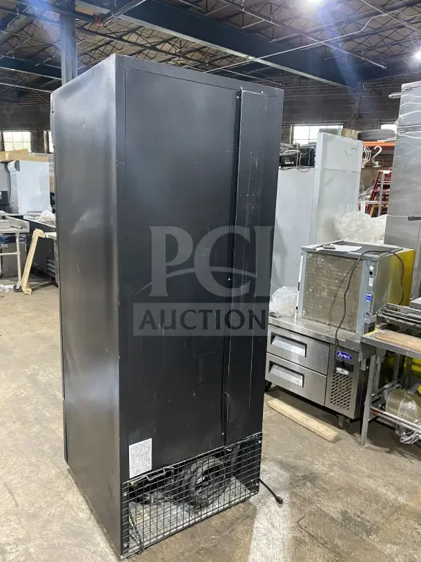 Minus Forty Hershey's Style commercial glass door freezer, model 22USGFX1HR, used, black exterior, poly coated wire rack.