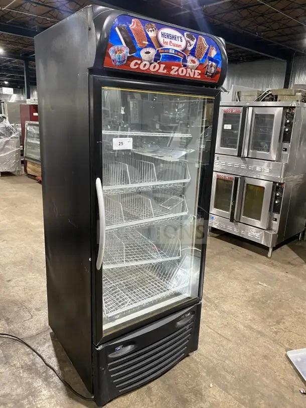Minus Forty Hershey's style commercial freezer, model 22USGFX1HR, with single glass door and poly coated wire rack.