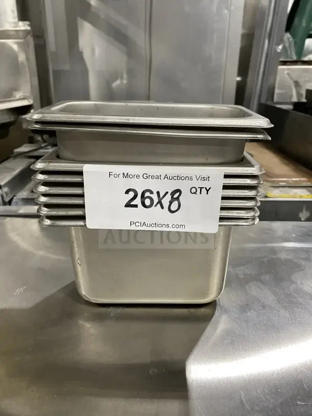 Winco stainless steel tray for salad or sauce, stack of 26, commercial grade, labeled "26x8 QTY" for auction.