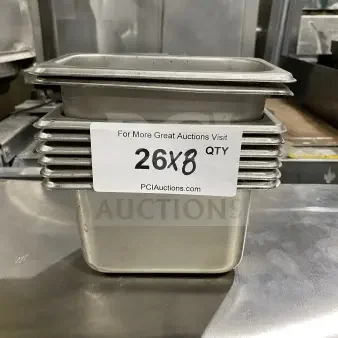 Winco stainless steel tray for salad or sauce, stack of 26, commercial grade, labeled "26x8 QTY" for auction.