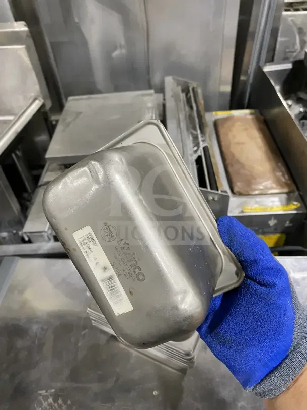 Winco commercial stainless steel tray, slightly worn; embossed with "Winco" and "NSF". Suitable for salad or sauce serving.