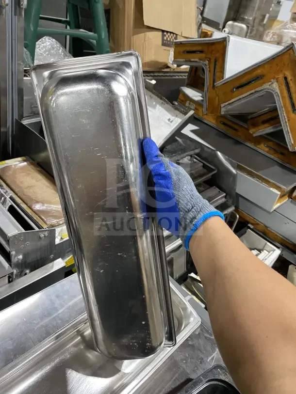 Commercial stainless steel prep tray, heavy-duty, suitable for cinnamon rolls or salads, shown in clean condition.
