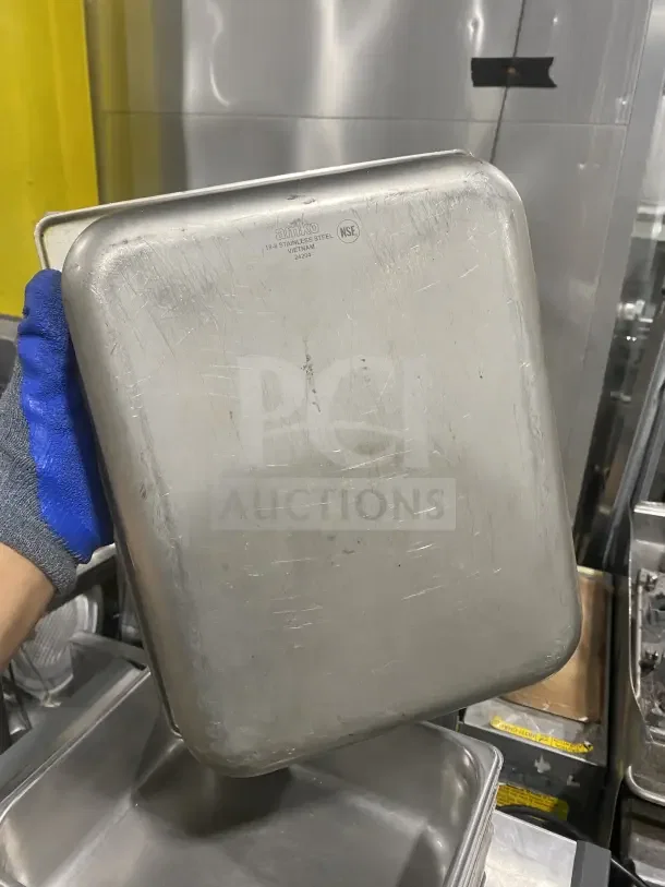 Commercial stainless steel prep tray, used, Anko brand, NSF certified, visible scratches, durable for sauces or salads.