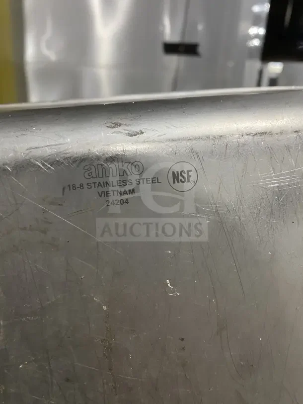 Commercial Amko stainless steel prep tray, NSF certified, 18-8 grade, visible wear, markings indicate Vietnam 24204.