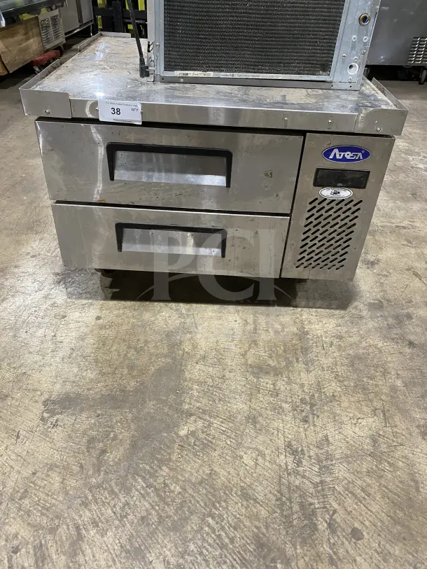 Atosa commercial chef base refrigerator, model MGF8448GR, stainless steel, electric, on casters, dual drawers.