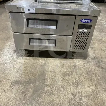Atosa commercial chef base refrigerator, model MGF8448GR, stainless steel, electric, on casters, dual drawers.