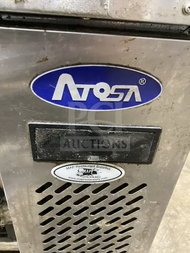 Atosa MGF8448GR Chef Base Refrigerator, stainless steel, on casters, showing brand logo and MAP Restaurant Supplies label.