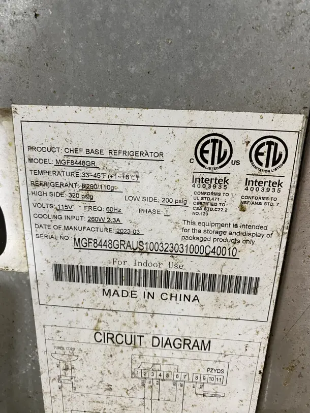 Atosa commercial stainless steel chef base refrigerator, model MGF8448GR, 115V, 1-phase, on casters, ETL listed.