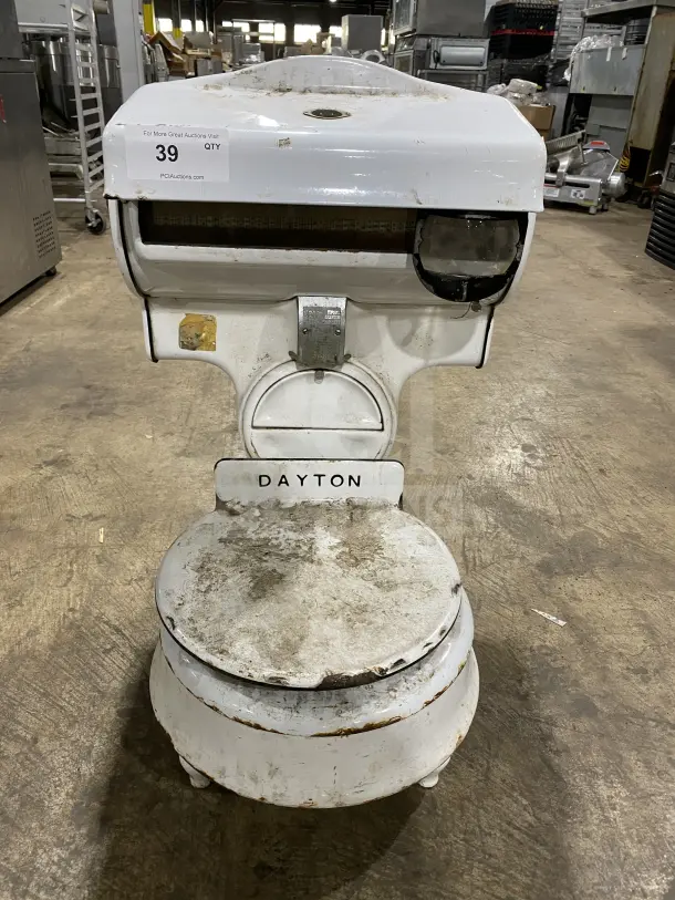 Dayton Commercial White Porcelain Moneyweight Countertop Computing Scale, vintage condition, visible wear and rust, Dayton branding.