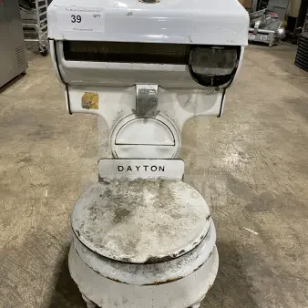 Dayton Commercial White Porcelain Moneyweight Countertop Computing Scale, vintage condition, visible wear and rust, Dayton branding.