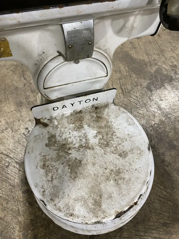Dayton commercial white porcelain moneyweight computing scale with visible wear, Dayton branding, style no. 8573 marked.