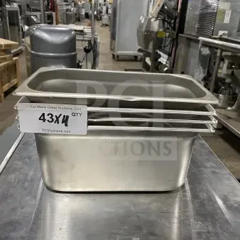 Winco Commercial Stainless Steel Half-Size Hotel Pans, Model SPJL306, set of 4. Stacked, in good condition.