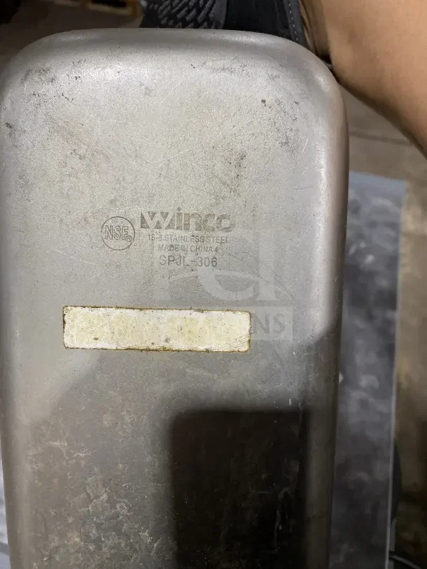 Winco Commercial Stainless Steel Half-Size Hotel Pan, Model SPJL306, visible wear, NSF certified, Made in China.