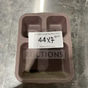 Commercial plastic 3-compartment condiment organizer. Brown, used condition. Label reads "44X7 QTY," PCI Auctions.