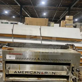 American Range stainless steel salamander broiler, used condition, countertop model. Features front controls and branding label.