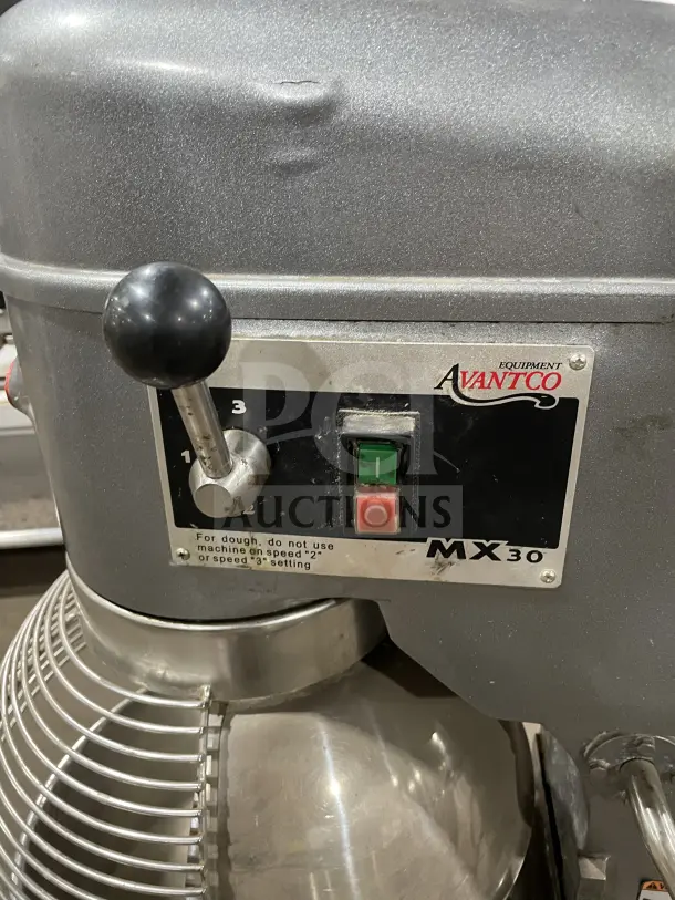 Avantco 177MX30H commercial 30 QT stainless steel planetary stand mixer, electric, 1 phase, 120V, ON/OFF buttons visible.