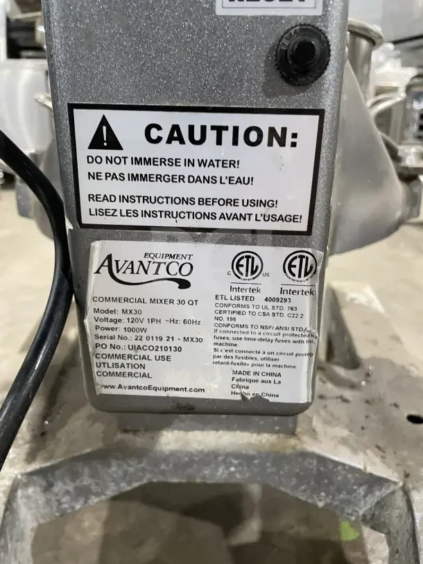 Avantco stainless steel 30 QT planetary stand mixer, model 177MX30H. Electric, 120V, 1-phase. Serial: 22011921. ETL listed.
