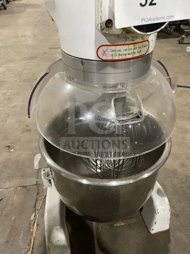 2018 HL-B20M 20 Qt. planetary mixer, gear-driven, electric, stainless steel bowl, gently used, caution label visible.