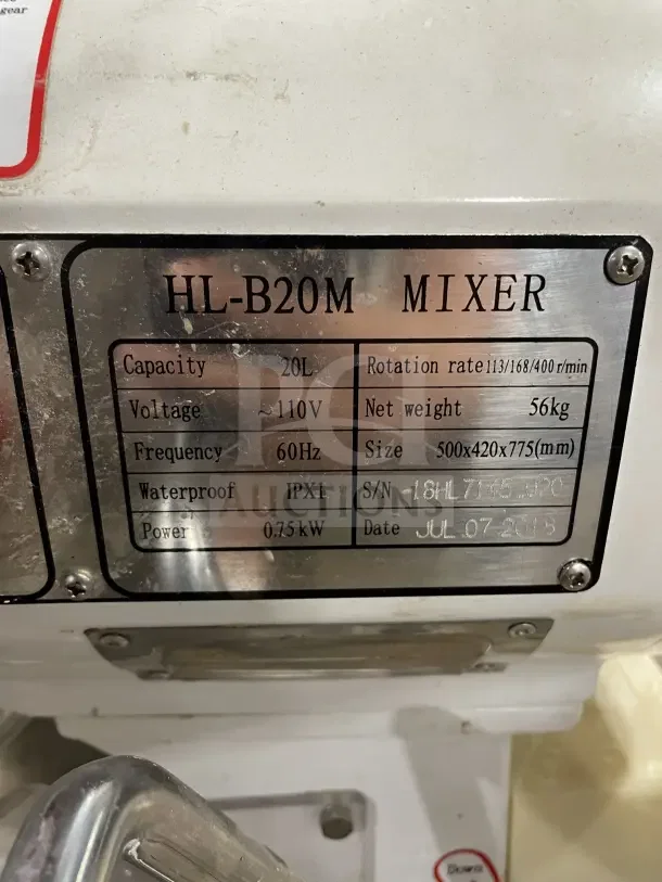2018 commercial heavy-duty electric 20 Qt. planetary mixer, model HL-B20M. Features 110V, includes stainless steel bowl, serial 18HL7145020.