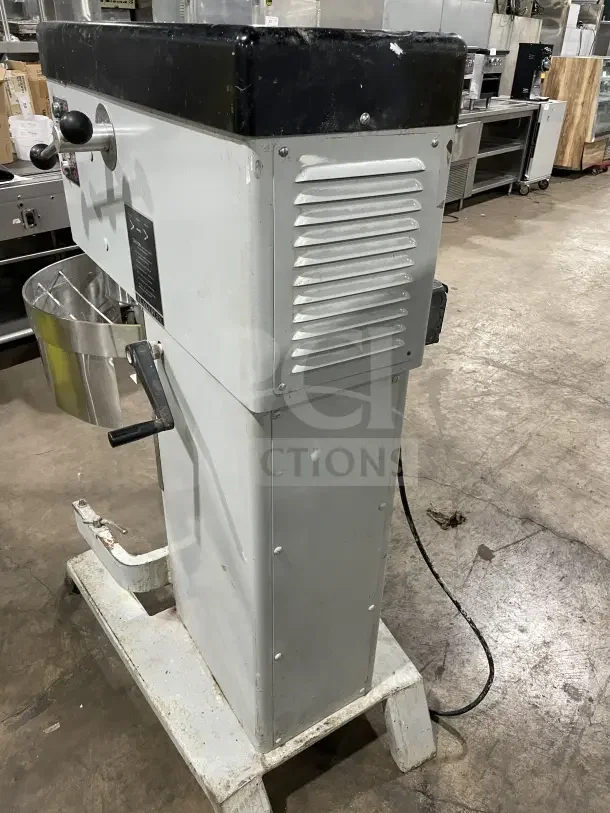 Blakeslee DD 80 white electric planetary mixer, stainless steel bowl guard, on legs, 208V 3-phase, Model DD 80.
