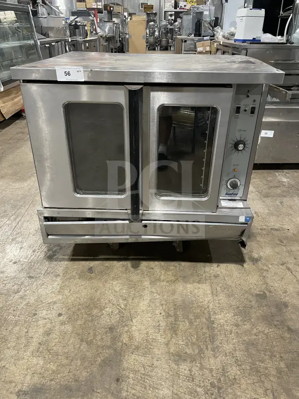 Sunfire commercial stainless steel gas convection oven with wire rack; single stack, two glass doors, control panel.