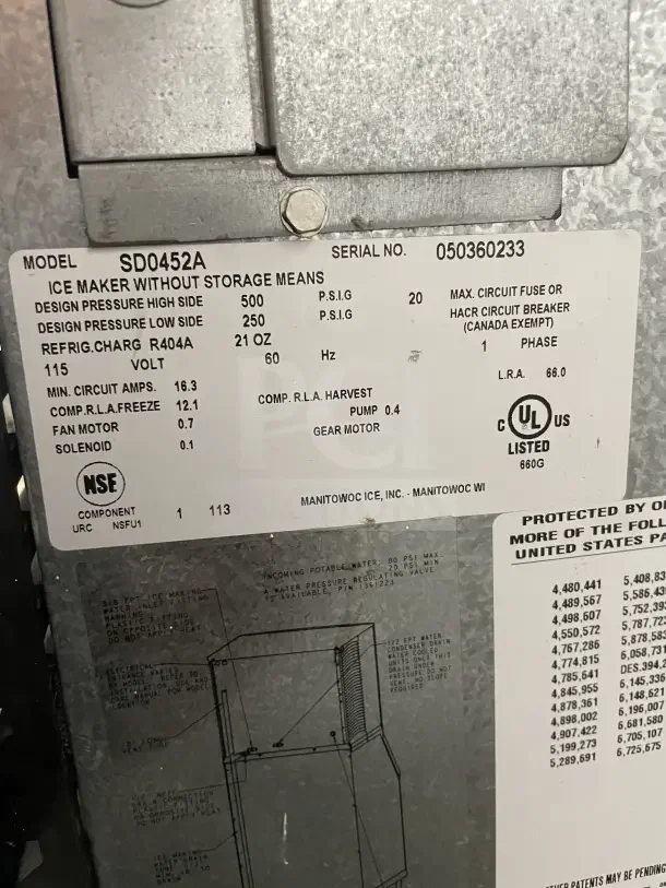 Manitowo SD0452A stainless steel ice maker, electric powered, includes lift open access, detailed model specifications shown.