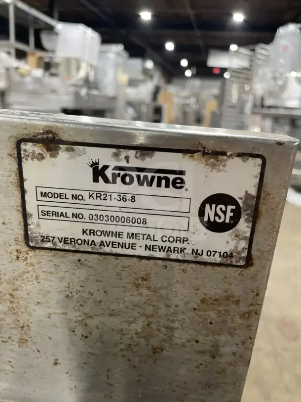 Krowne Stainless Steel 36" Underbar Ice Bin, Model KR21 36 8, Serial 03030006008, visible wear, NSF certified.