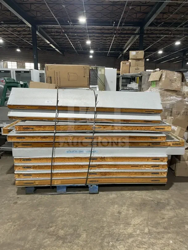 Tafco Commercial Walk-In Prep Cooler/Freezer parts stacked on pallets, good condition, features insulation panels.