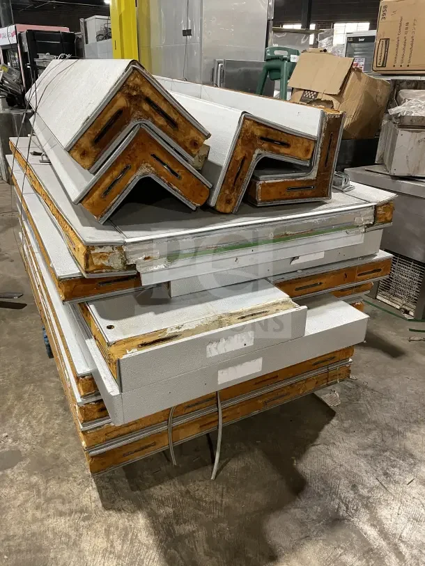 Tafco Commercial Walk-In Prep Cooler/Freezer panels, disassembled. Metal frames, insulation visible, used condition.