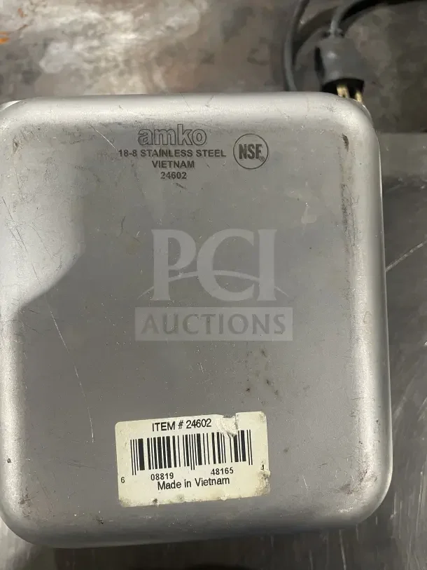 Amko Stainless Steel Steam Table Pan, Model 24602, NSF certified, made in Vietnam, showing brand marking and item tag.