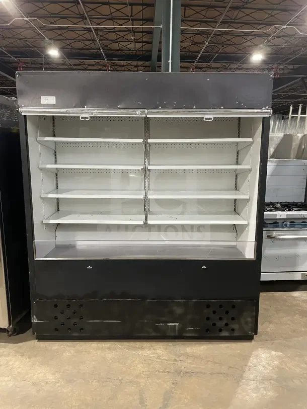 Commercial open-air merchandiser refrigerator with multi-deck display, black exterior, adjustable shelves, good condition.