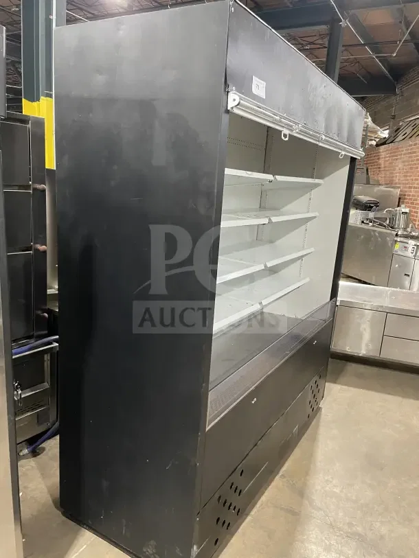 Commercial open-air merchandiser refrigerator with multi-deck shelves. Black exterior, used condition. Ideal for retail display.