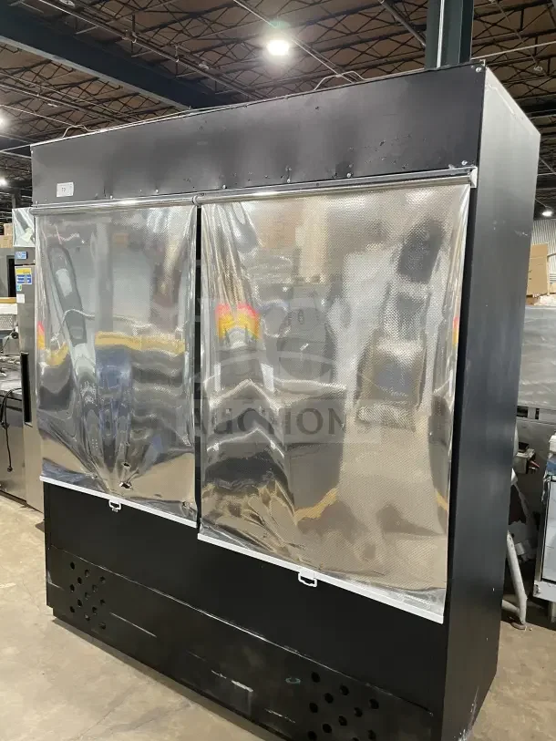 Commercial open-air merchandiser refrigerator, multi-deck display case, black exterior, clear covers, good condition.