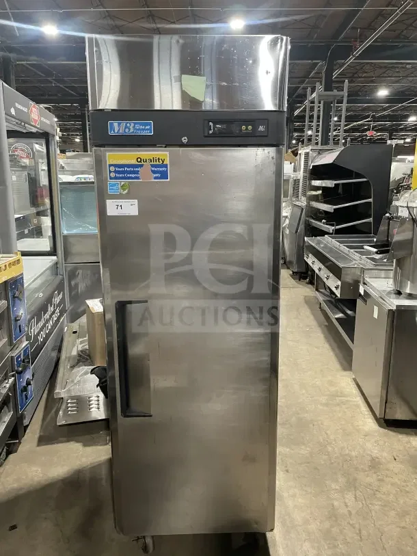 Turbo Air M3 Series single door freezer, model M3F19-1, Energy Star certified, stainless steel, on casters, with quality warranty labels.