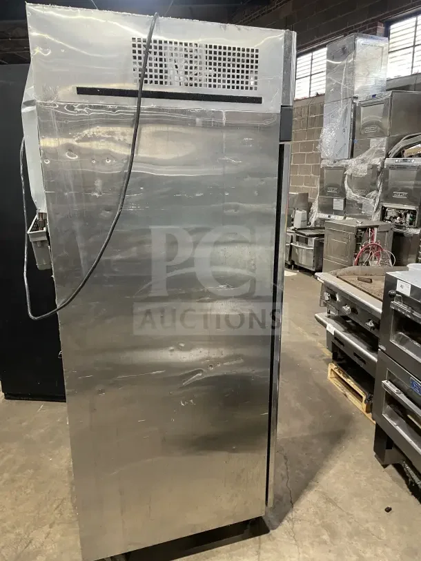 Turbo Air M3 Series stainless steel reach-in freezer, model M3F19-1, Energy Star certified, on casters, solid single door.