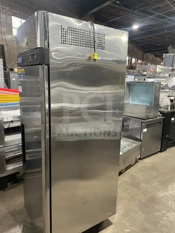 Turbo Air M3 Series single door stainless steel freezer, model M3F19-1, Energy Star certified, with casters and poly-coated rack.