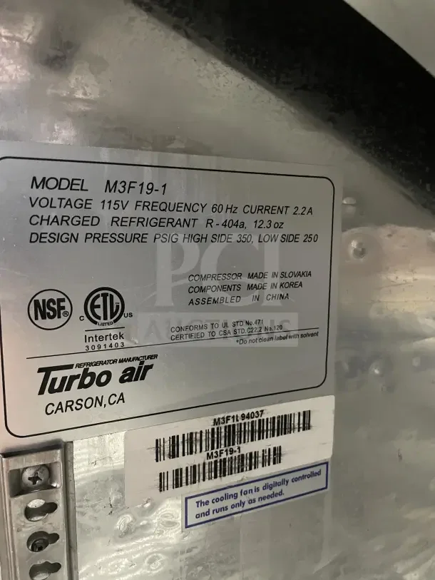 Turbo Air M3 Series Freezer, Model M3F19-1, 115V, Energy Star, features labels with specifications, SN: M3F1L94037.