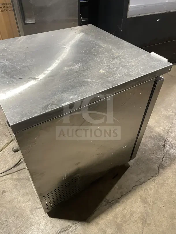True TUC27LP stainless steel single door lowboy cooler; commercial-grade, worktop surface, used condition, 115V, SN: 5033018.