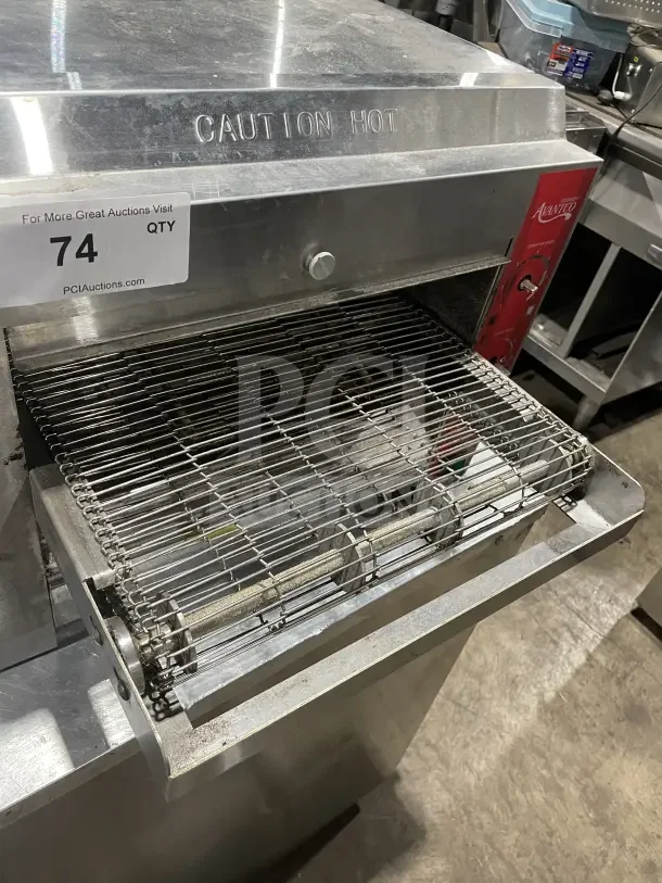 Avantco TTP14240 Commercial Stainless Steel Conveyor Pizza Oven, countertop model, labeled "Caution Hot," in used condition.
