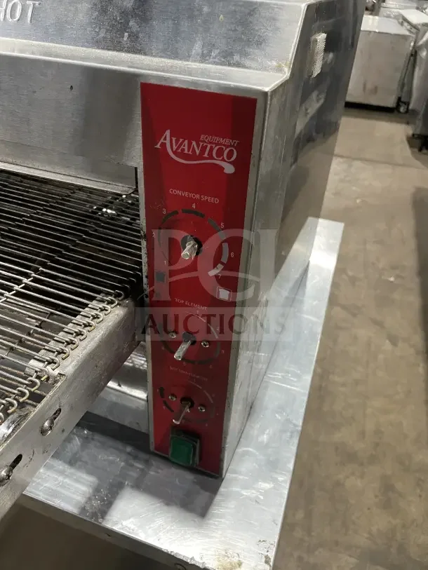 Avantco TTP14240 commercial stainless steel countertop conveyor pizza oven, controls visible, in used condition.