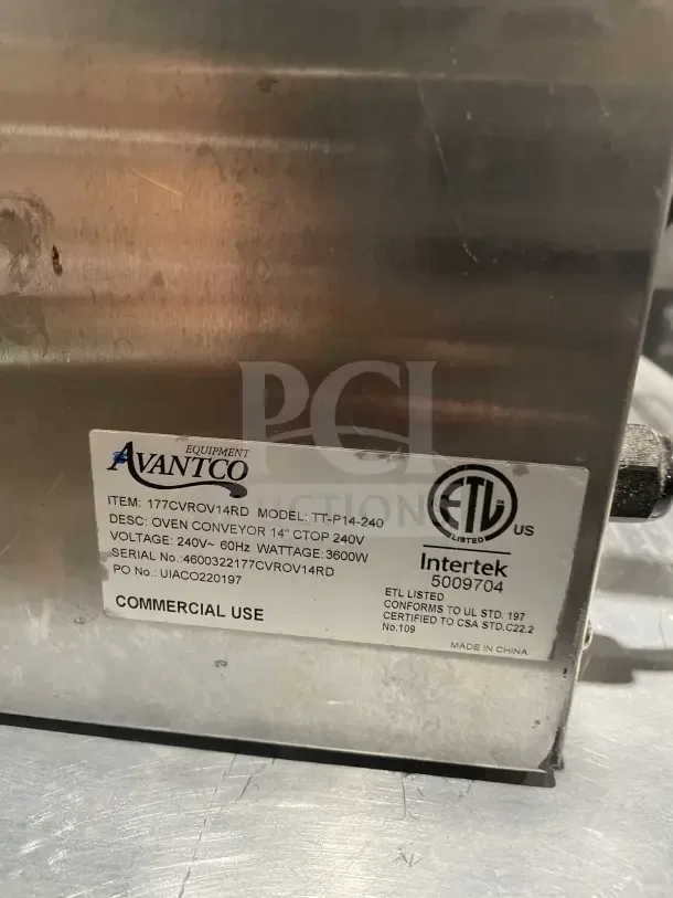 Avantco commercial stainless steel countertop conveyor pizza oven, Model TTP14240. ETL-listed, 240V, 3600W.