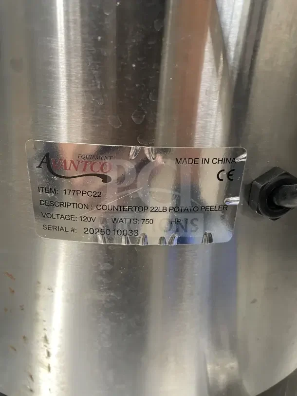 Avantco stainless steel electric lettuce spinner, countertop model. Item #177PPC22, 120V, 750W, serial #2025010033.