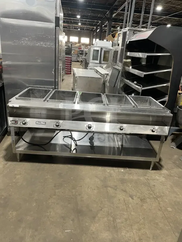 Vollrath ServeWell 5-well electric hot food table, model 38119, stainless steel, 208-240V, excellent condition.